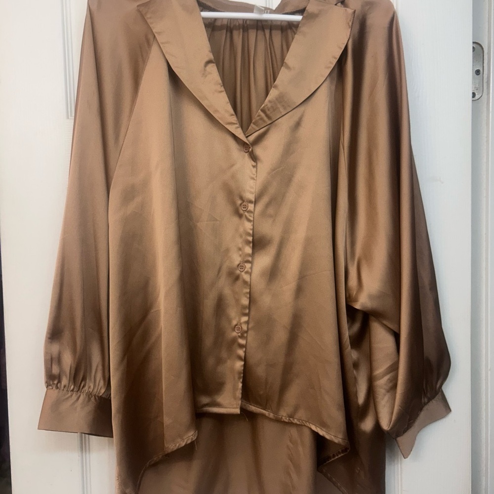 Satin Button-Front Blouse in Bronze